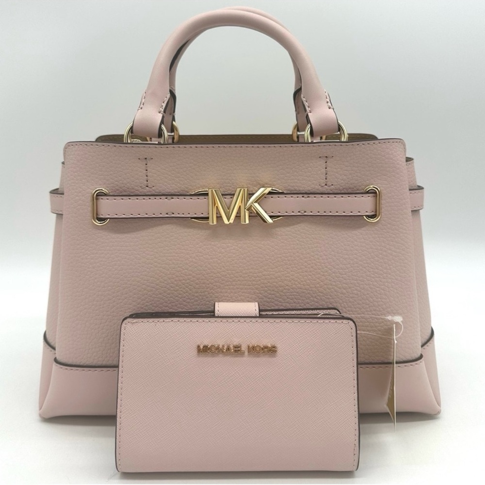 Michael Kors Reed Small Satchel Crossbody Bag & MD Bifold Zip Chain Wallet Pink - Picture 2 of 14